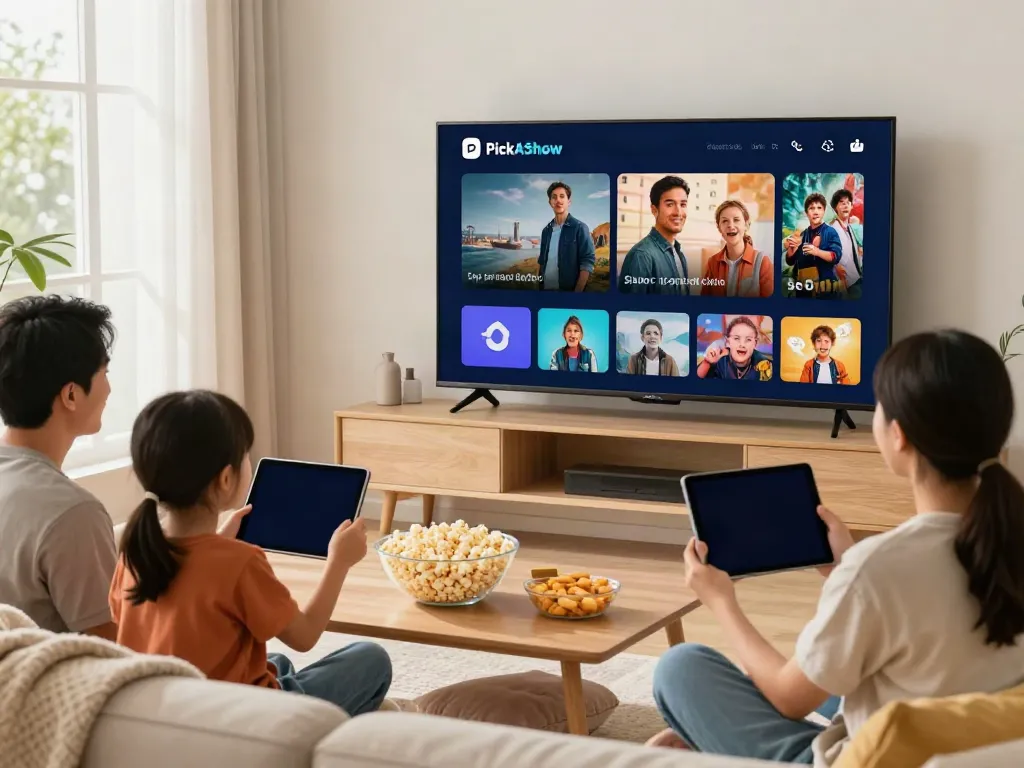 Family enjoying streaming entertainment with the PickAShow App in a cozy living room.