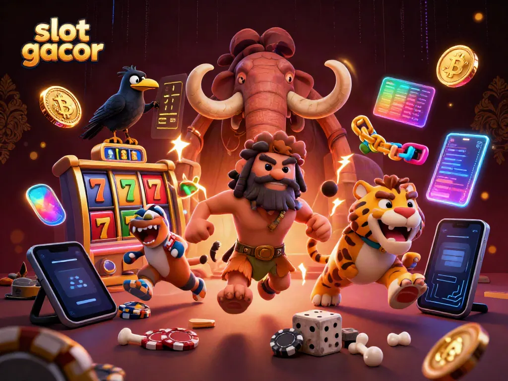 Engage in slot gacor excitement as a caveman duo plays in a vibrant prehistoric casino.