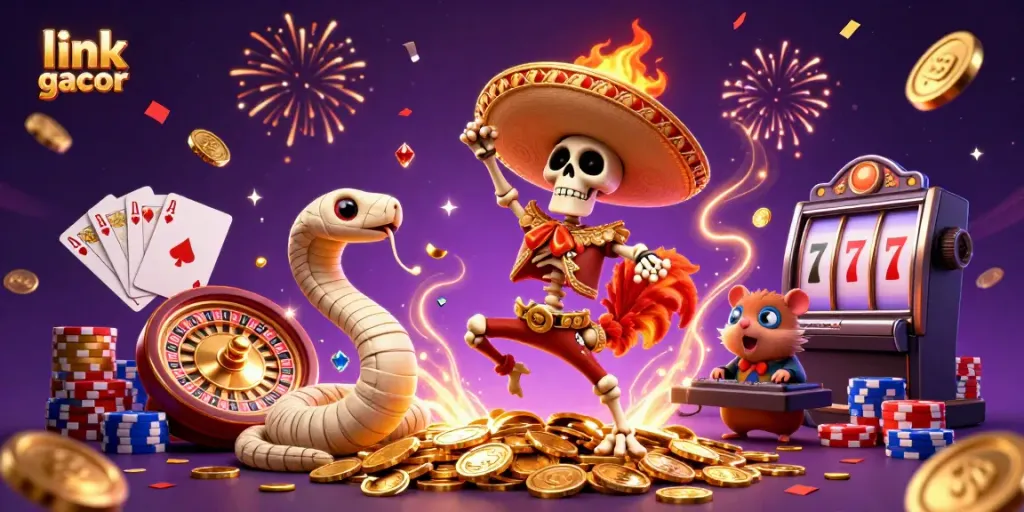 Engage with link gacor as a skeleton mariachi rooster celebrates on golden coins, showcasing thrilling casino elements.