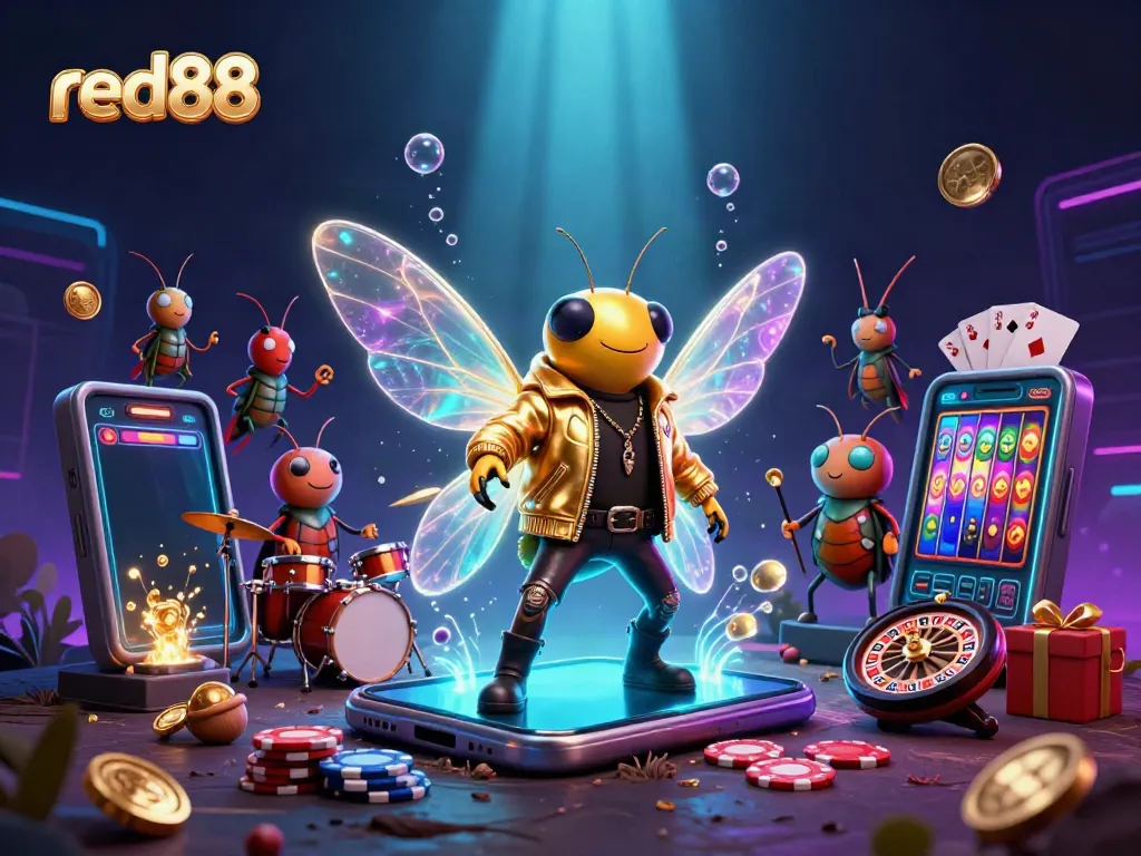 Experience the vibrant action of red88 with cartoon characters showcasing casino elements like slots and poker games.