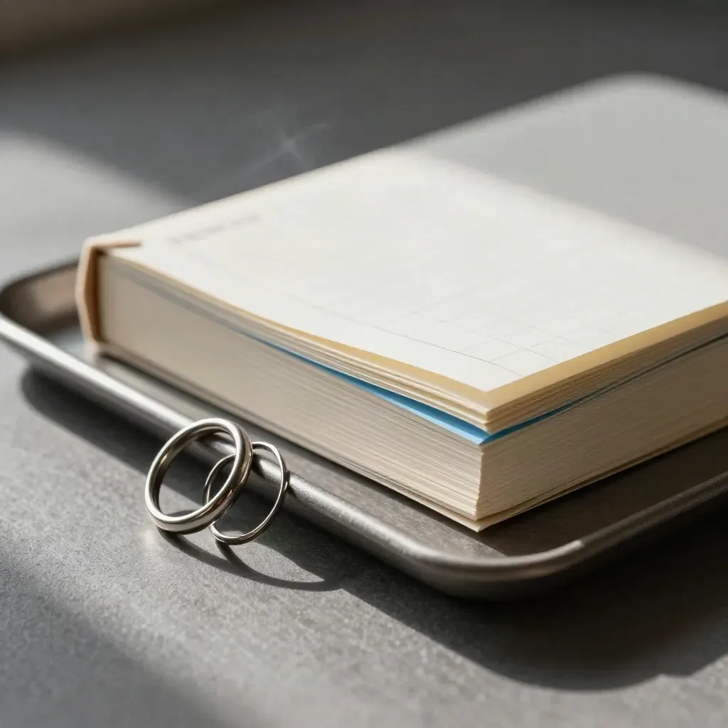 Half gesloten CRM-ledger met metalen ringen en papierstroken op grafiet.