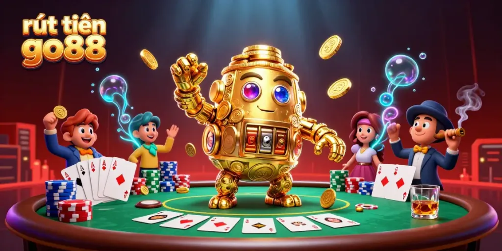 Experience the thrill of rút tiền go88 with this dynamic gambling scene featuring a golden golem and poker elements.