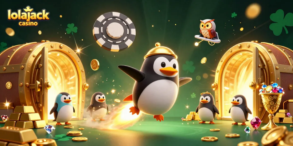 Experience the excitement of the lolajack casino with a golden penguin and treasure, showcasing vibrant gameplay.