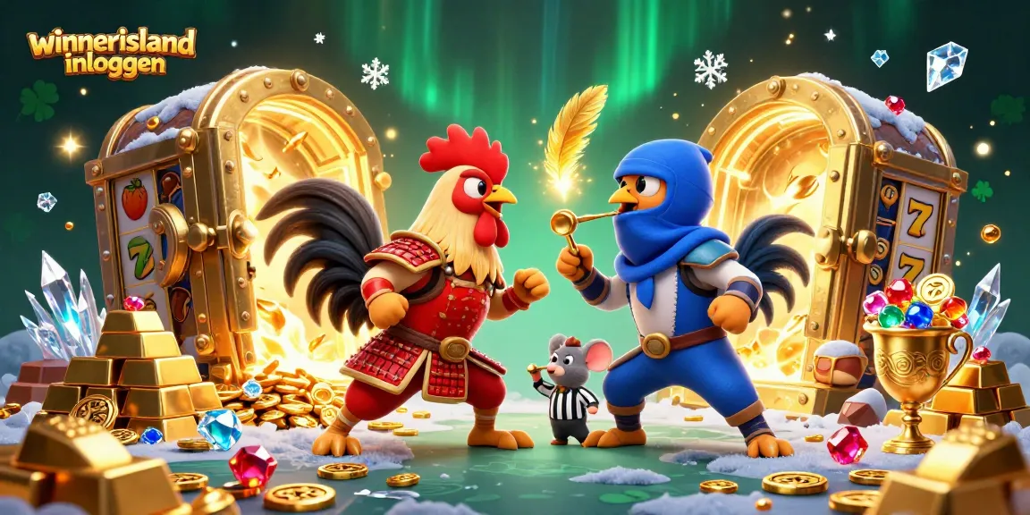 Engaging gambling scene featuring twin roosters in samurai and ninja styles amidst gold and slot elements at winnerisland inloggen.